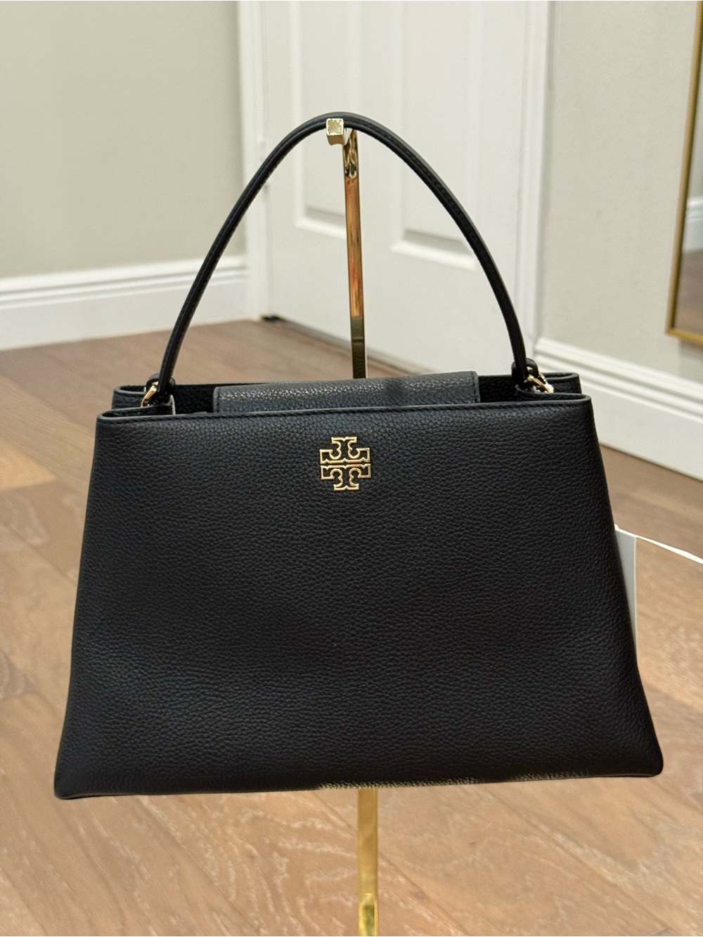 Tory Burch Black Pebbled Leather Top-Handle Satchel with Gold Logo crossbody
